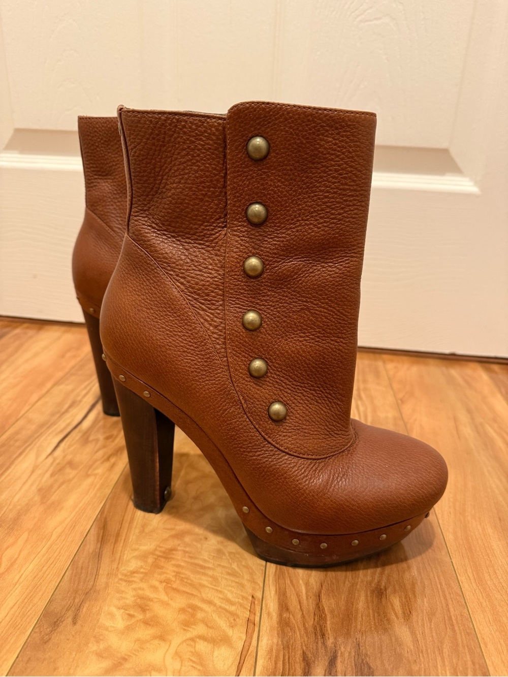 UGG Cognac Brown Leather High-Heel Ankle Booties with Stud Accents